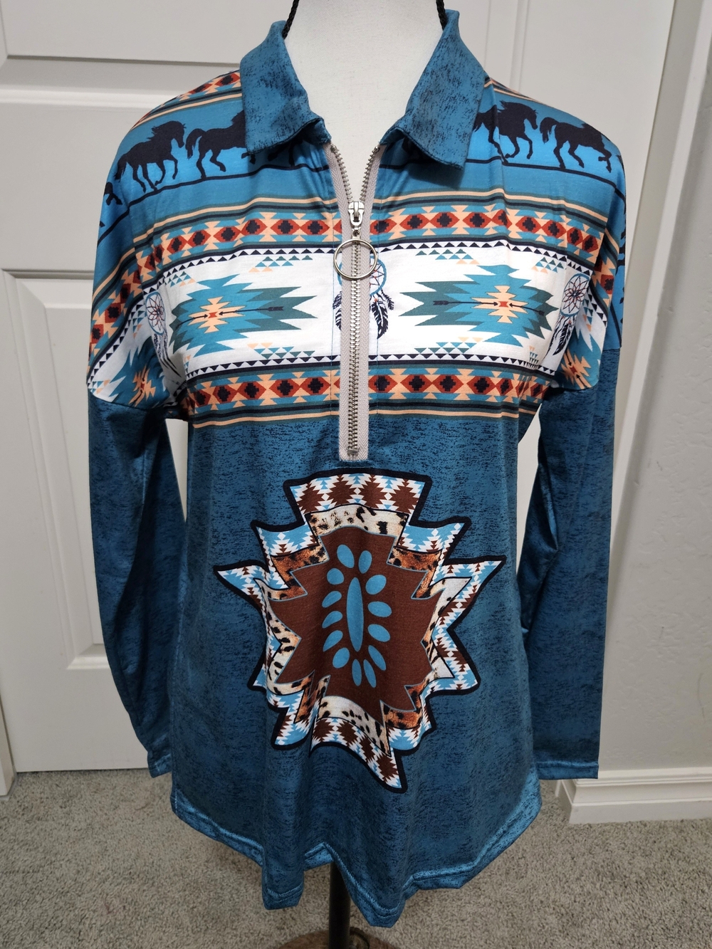 Turquoise Aztec Zip-Front Women's Blouse